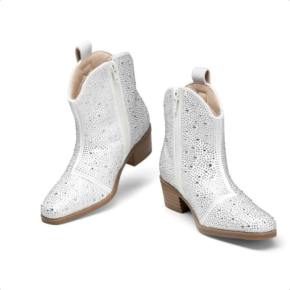 ⚡Girls White Cowgirl Rhinestone Zipper Boots Ankle Low Heel Dress Booties